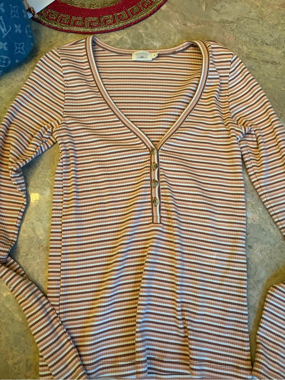 Faherty Pink and Cream Striped Ribbed Henley Long Sleeve Top
